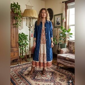 Vintage 90s "For Joseph" Boho Sun Button Long Denim Duster Coat